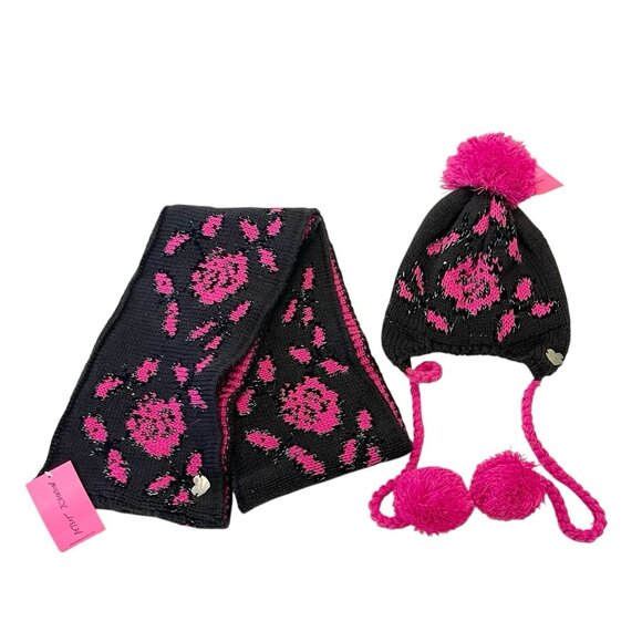 Betsey Johnson Gift Set Beanie Pom Pom & Circle Scarf Black Pink Rose Print NEW - Picture 1 of 7